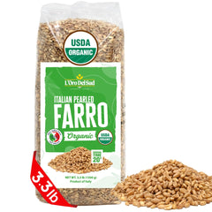 L'Oro Del Sud organic farro bag ready for pantry meal prep.