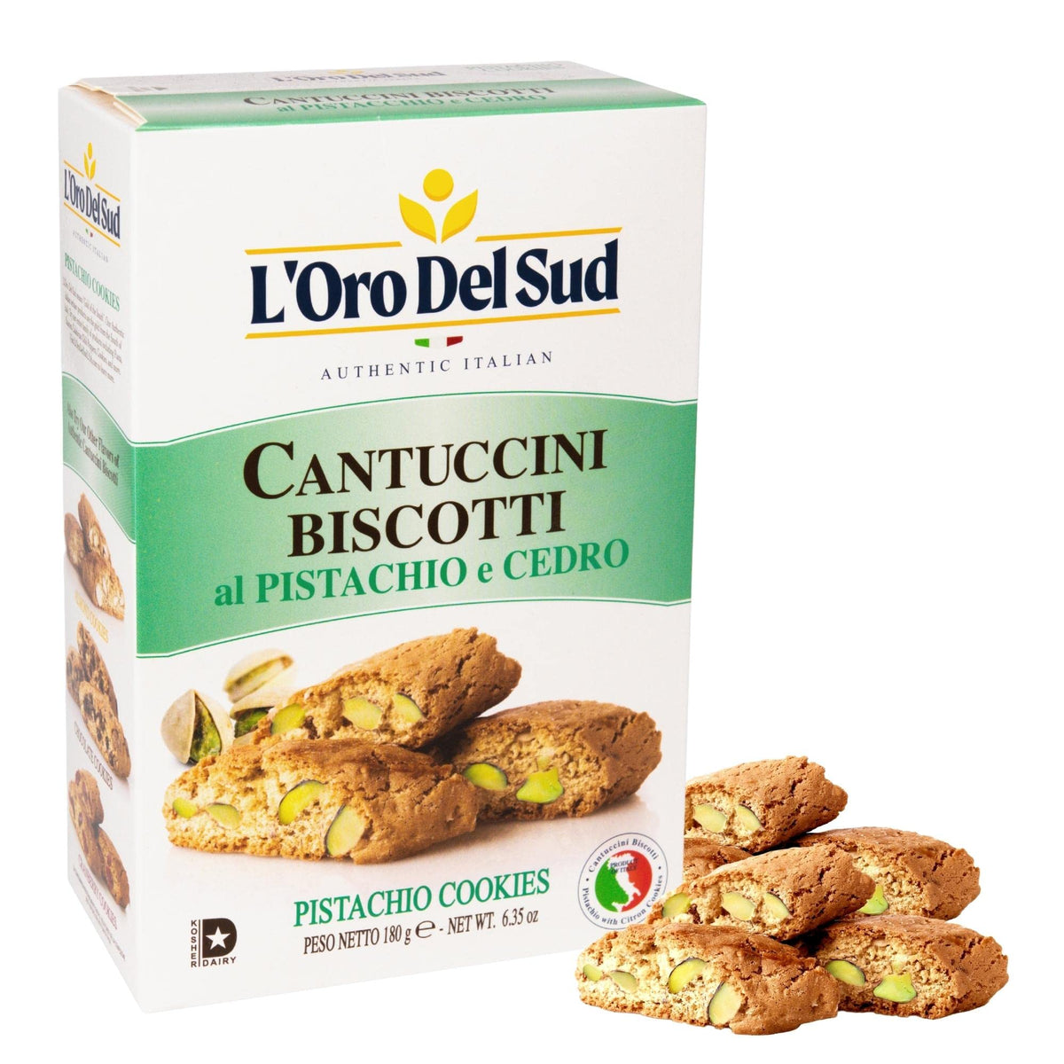 L'Oro Del Sud pistachio cantucci pack shot, ideal for gifting and snacking.