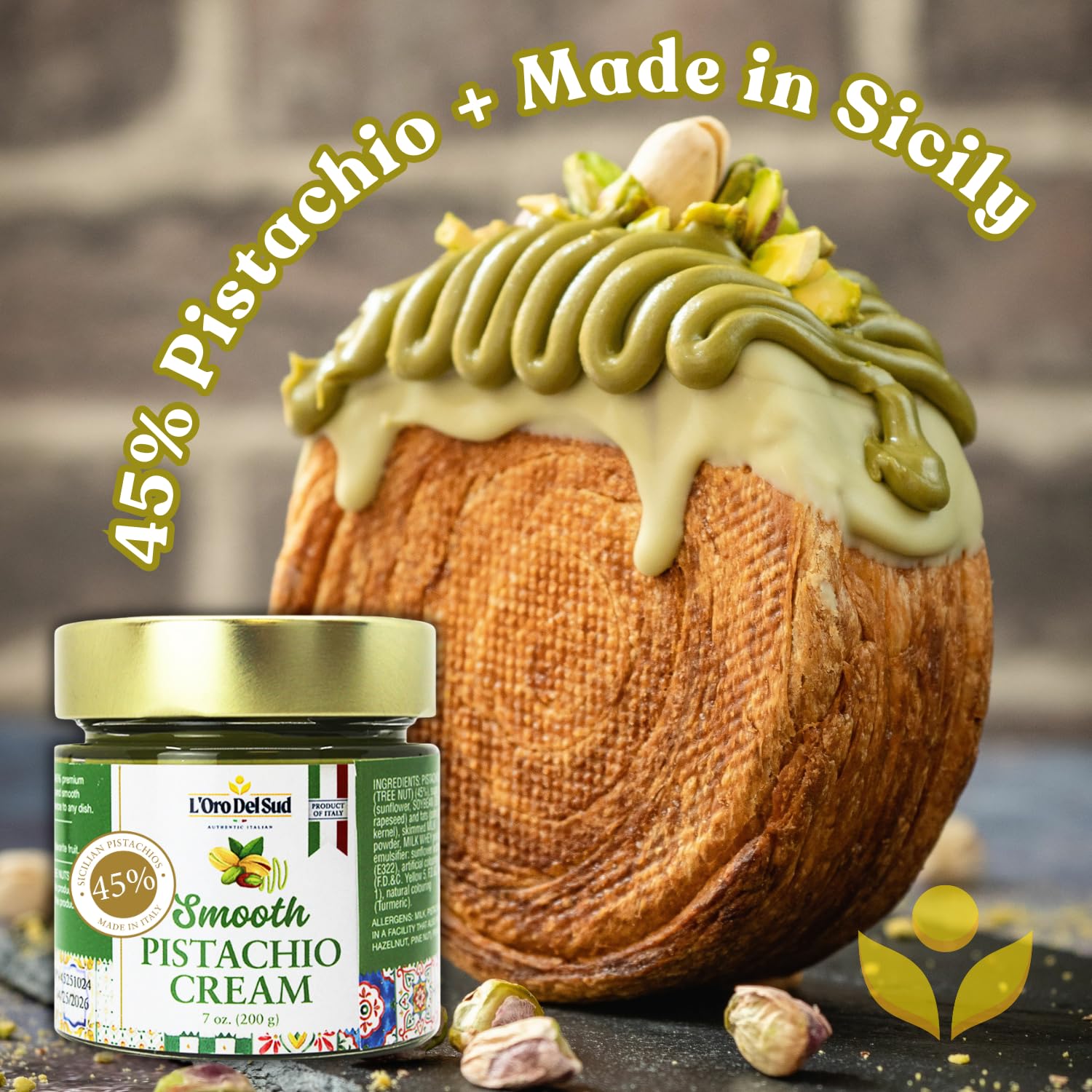 Close-up of L'Oro Del Sud pistachio paste texture, rich color