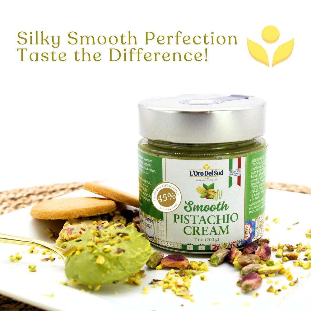 Pistachio cream drizzle on gelato with L'Oro Del Sud