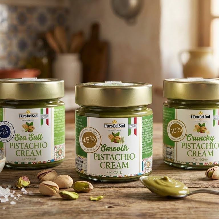 7 oz glass jar of L'Oro Del Sud pistachio cream
