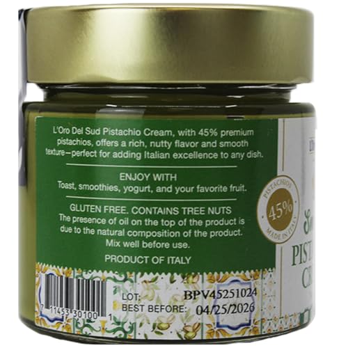 Spoon of L'Oro Del Sud pistachio cream, silky dessert topping