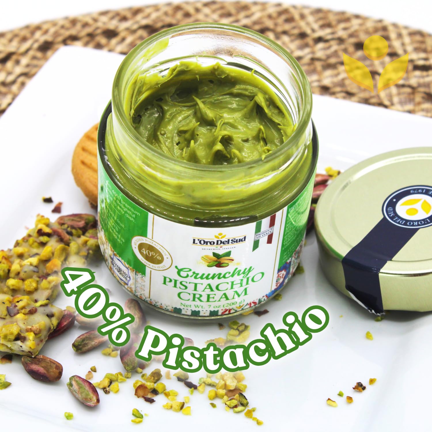 L'Oro Del Sud Sicilian pistachios in a glass jar signal premium quality.