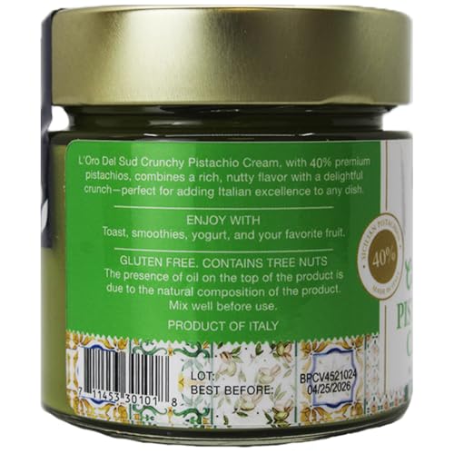 L'Oro Del Sud spread on toast enhances breakfast with pistachio richness.