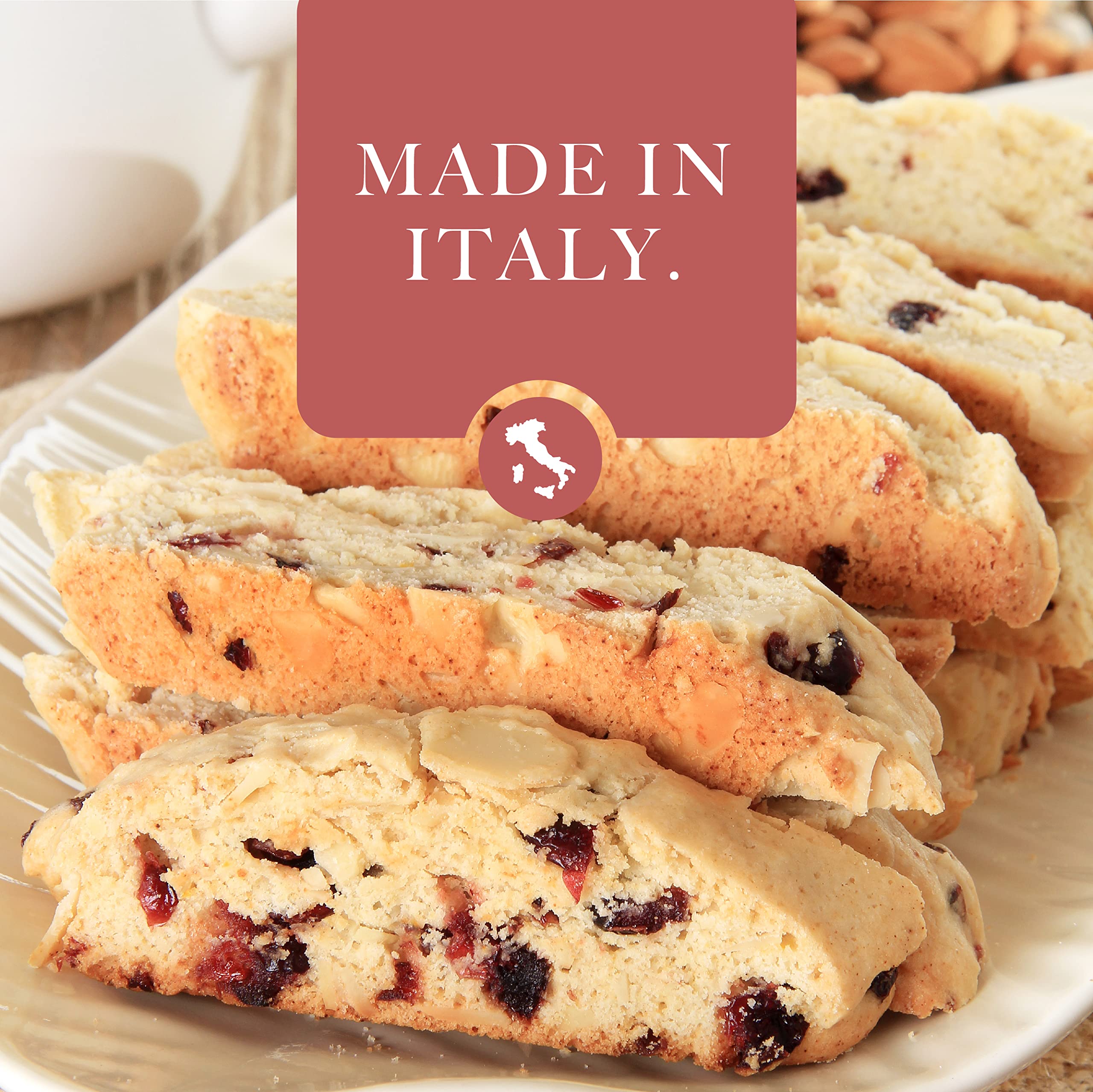 Cranberry and almond ingredients highlighted in L'Oro Del Sud biscotti