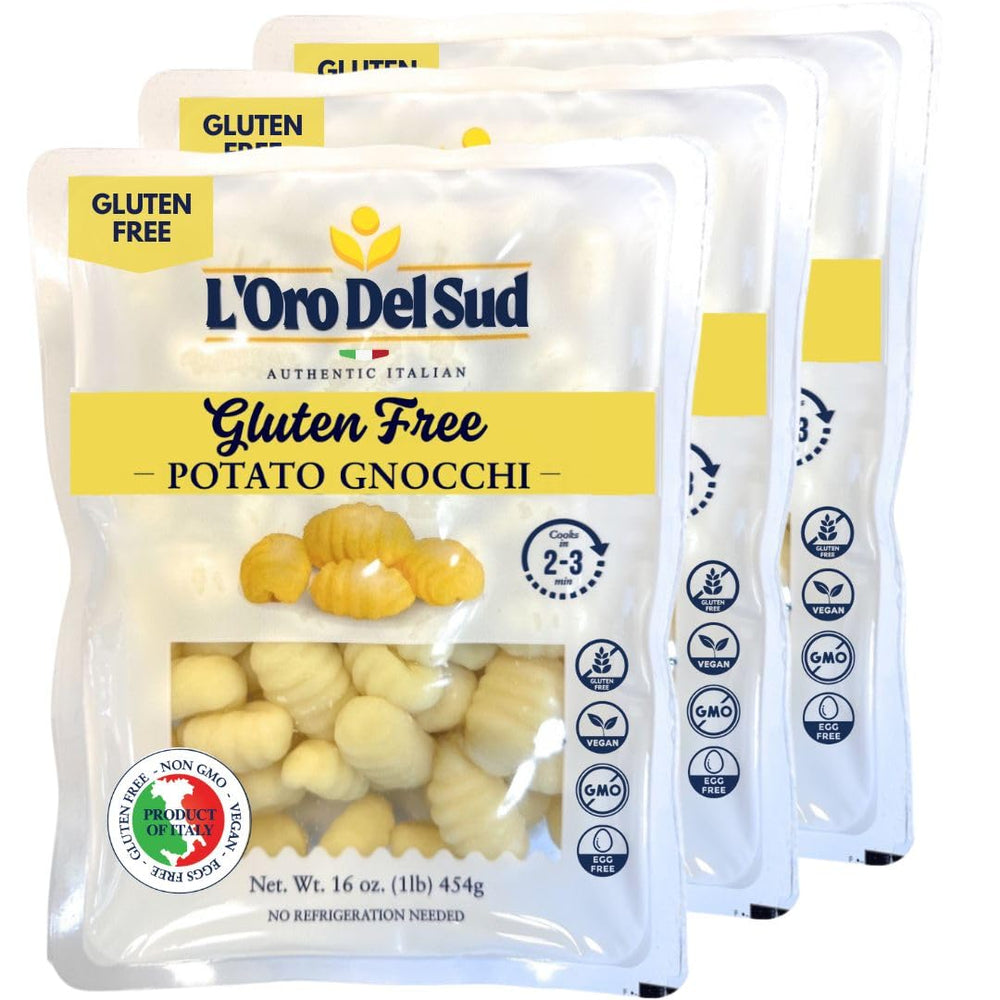 L'Oro Del Sud gluten-free potato gnocchi pack in box, convenient pantry staple.
