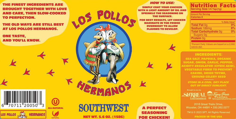 Close-up of the Los Pollos Hermanos spice dispenser highlighting all-natural ingredients