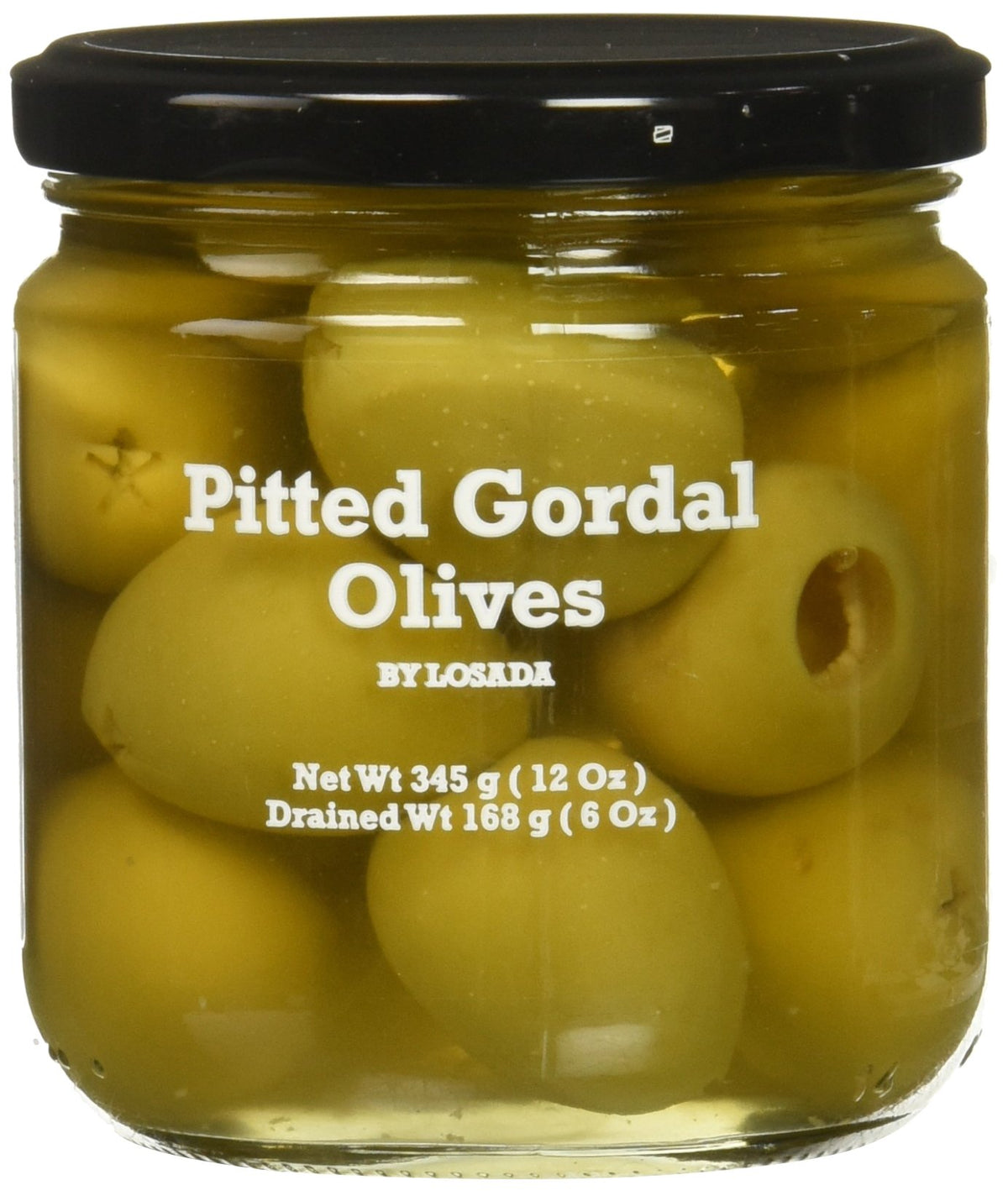 Losada pitted Gordal olives jar front view, ready to serve on a tapas board