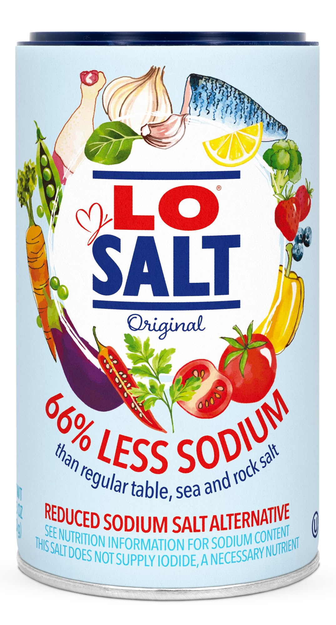 LoSalt Original bottle for reduced-sodium salt in everyday cooking.