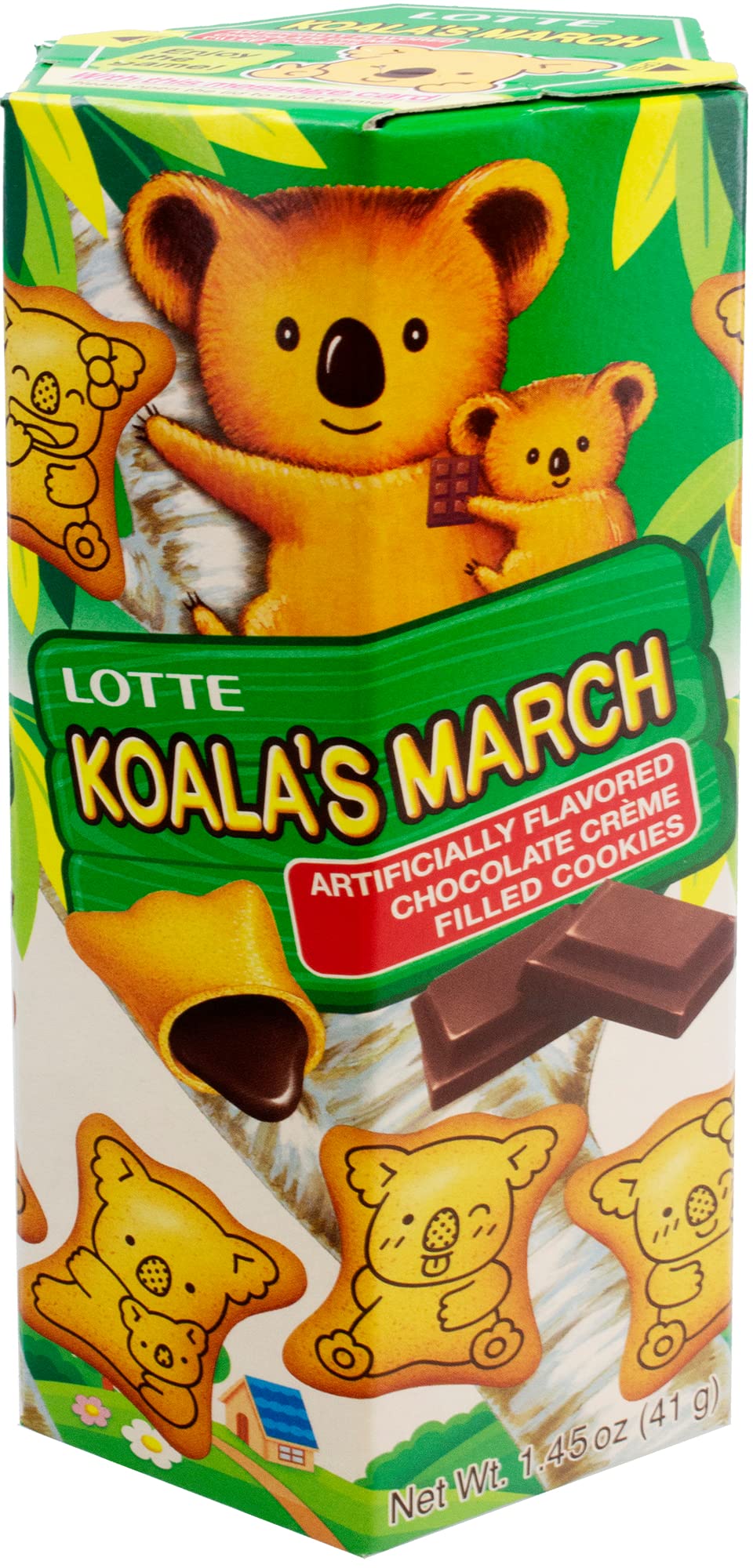 Lotte Koala's March Chocolate Cream cookie shows creamy center, ideal for on-the-go snacking.