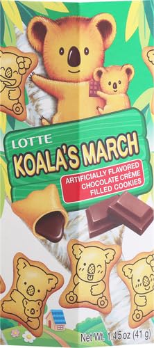 Lotte Koala's March Chocolate Cream cookie bite highlighting crisp wafer texture.