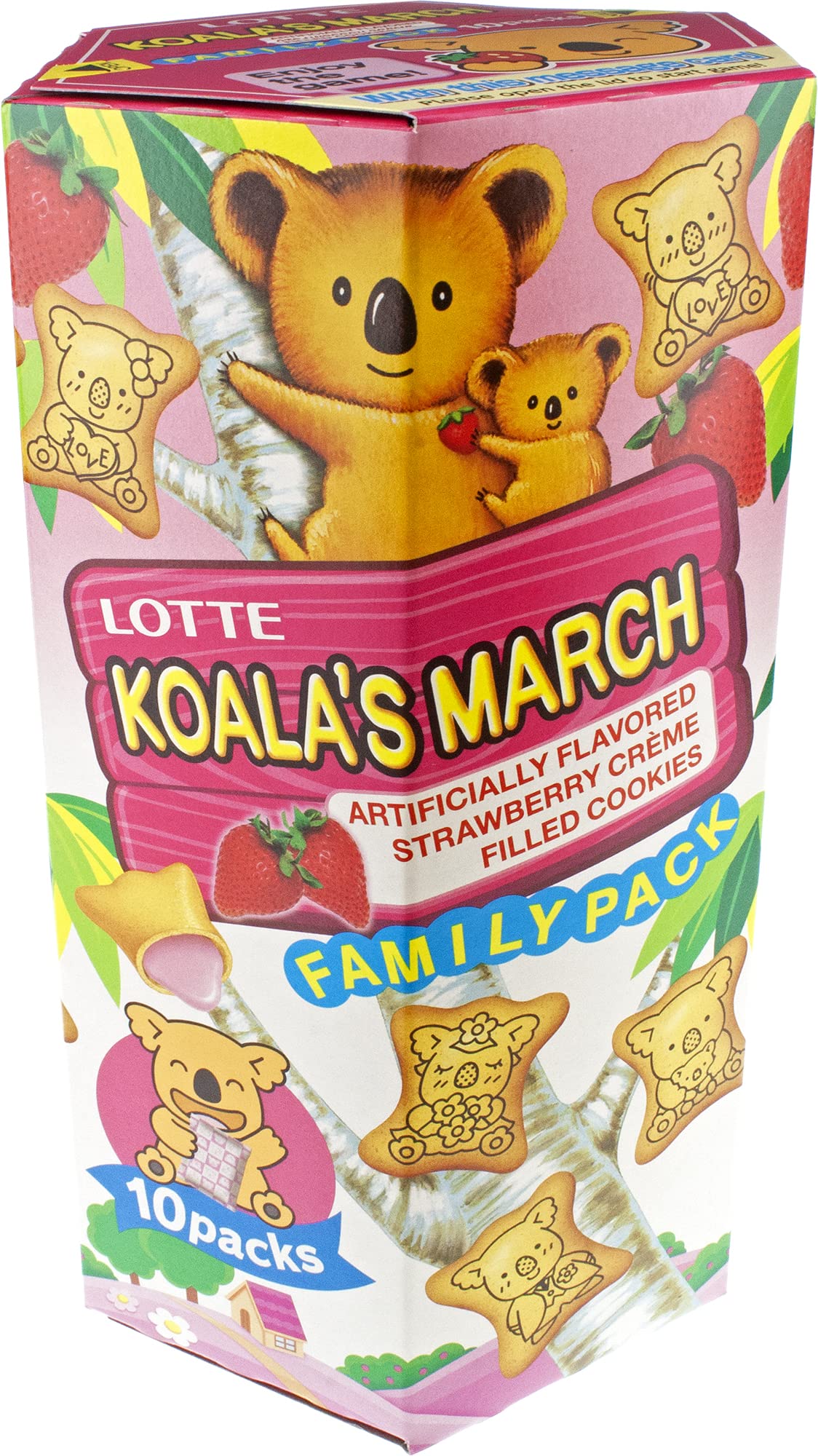 Lotte Koala's March strawberry cream cookie close-up highlighting creamy filling.