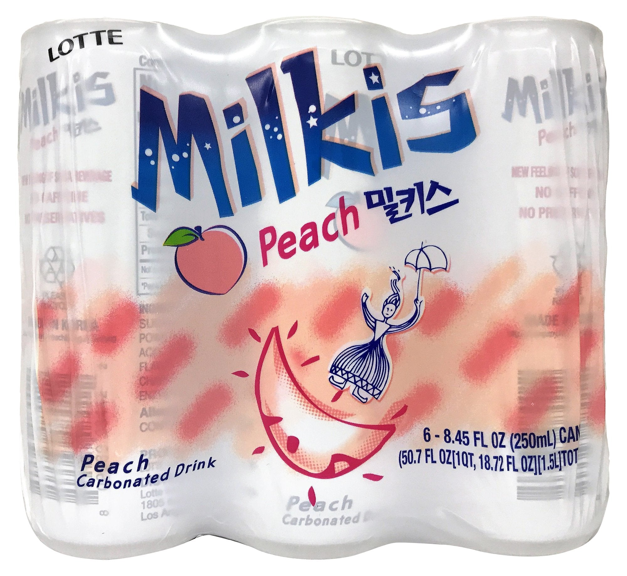 Lotte Milkis Peach Soda bottle front view, refreshing peach flavor with creamy fizz.