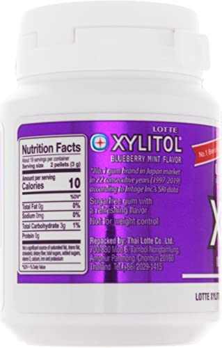 Lotte Xylitol Blueberry Mint gum piece highlighting fruity flavor and freshness