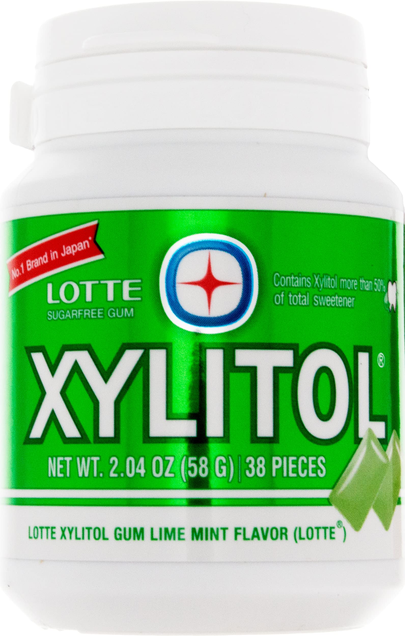 Lotte Xylitol Lime Mint Gum box showing refreshing sugar-free formula and lime-mint flavor.