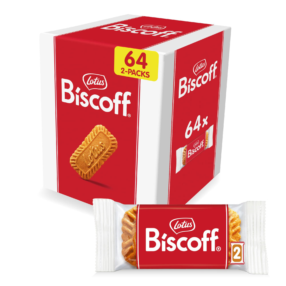 Front-pack image of Lotus Biscoff cookies showing 64 two-packs for easy sharing.