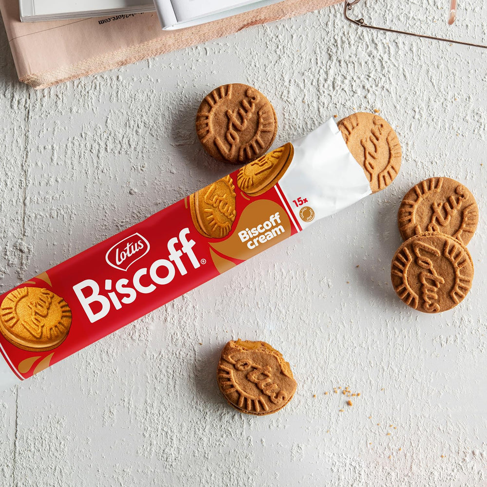 Lotus Biscoff cream layer detail shows the satisfying cookie sandwich