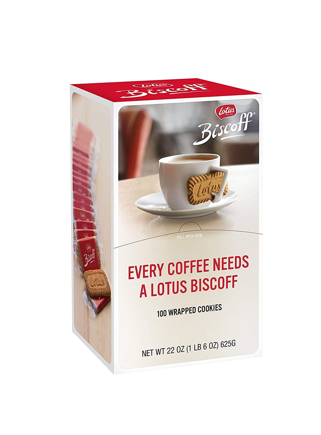Lotus Biscoff dispenser box displaying 100 vegan caramelized biscuits for office breaks.