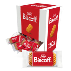 Lotus Biscoff pack front showing 150 individually wrapped cookies for on-the-go snacking.