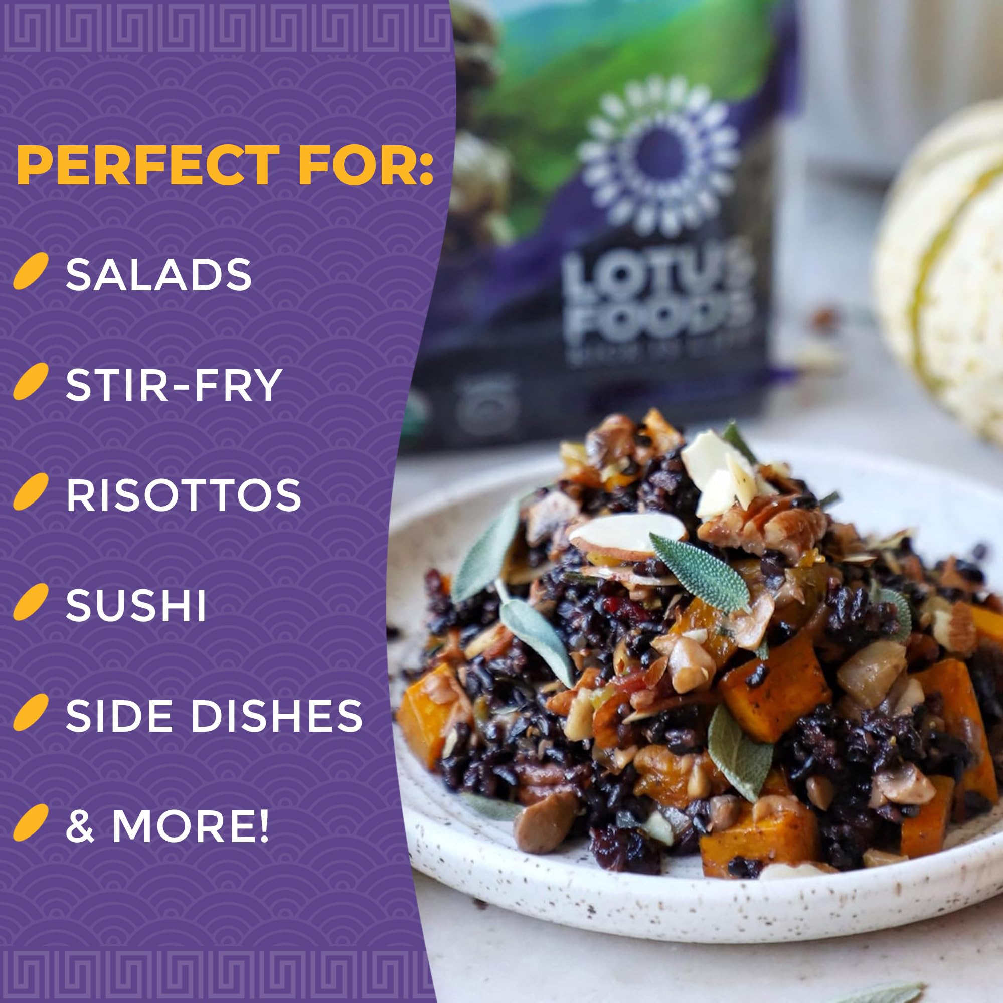 Lotus Foods Forbidden Rice layout highlights gluten-free, organic, non-GMO attributes.