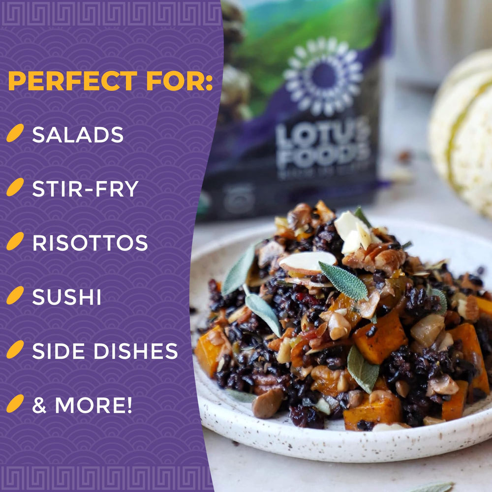 Lotus Foods Forbidden Rice sushi-ready, glossy grains for homemade rolls.