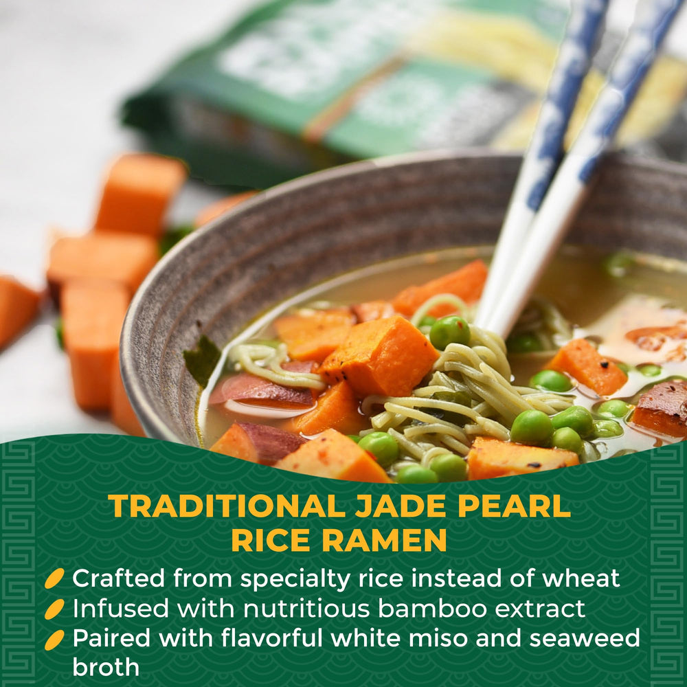 Lotus Foods Jade Pearl ramen bowl with miso soup highlighting quick gluten-free meal options