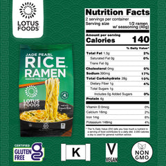 Lotus Foods Jade Pearl raw ramen noodles emphasizing organic rice base for gluten-free dishes