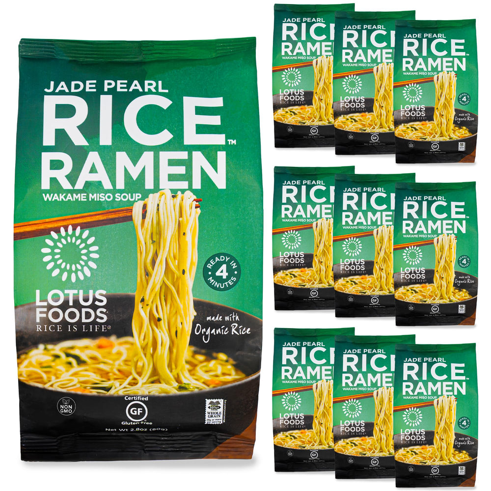 Lotus Foods Jade Pearl Rice Ramen packaging showcasing gluten-free noodles for a versatile pantry staple