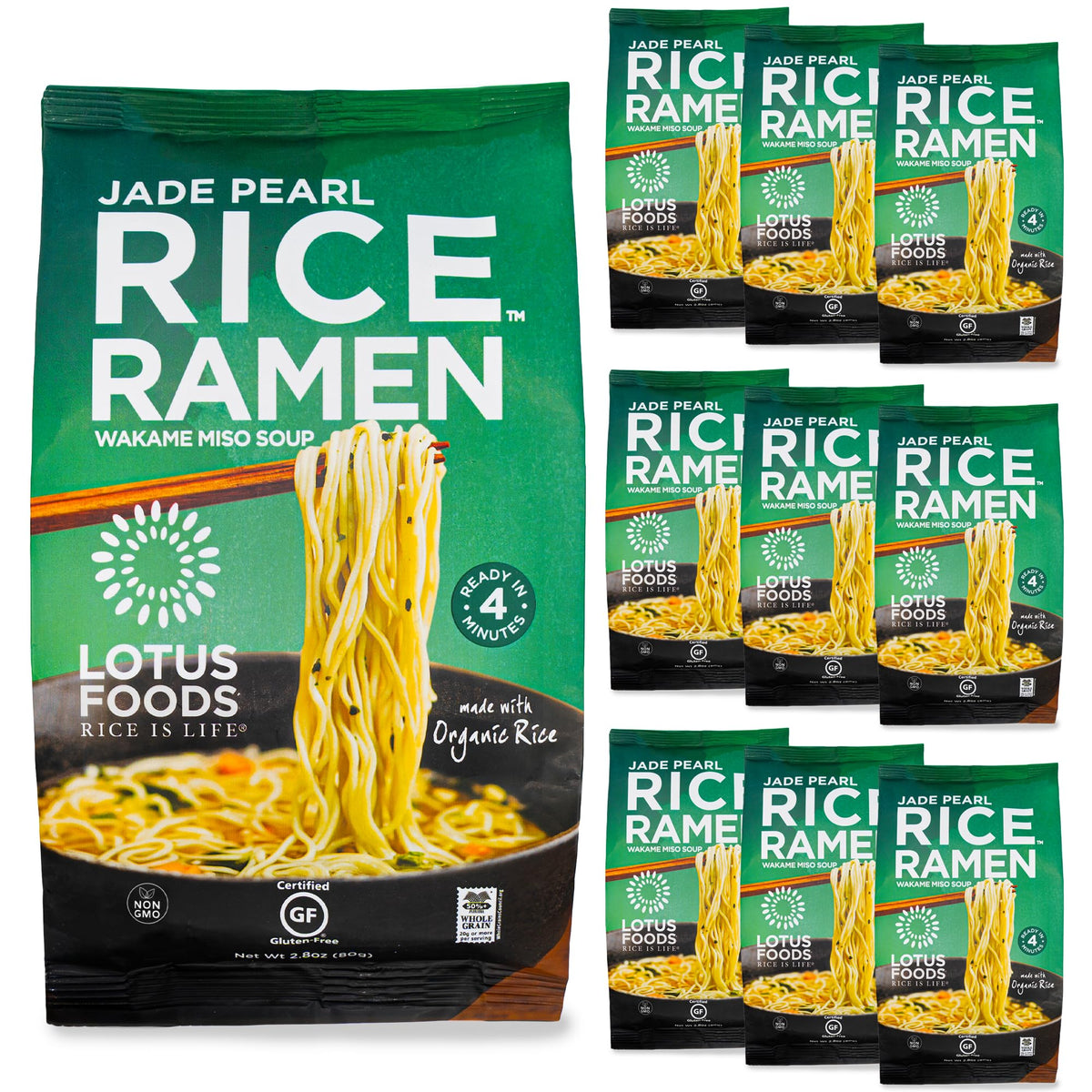 Lotus Foods Jade Pearl Rice Ramen packaging showcasing gluten-free noodles for a versatile pantry staple