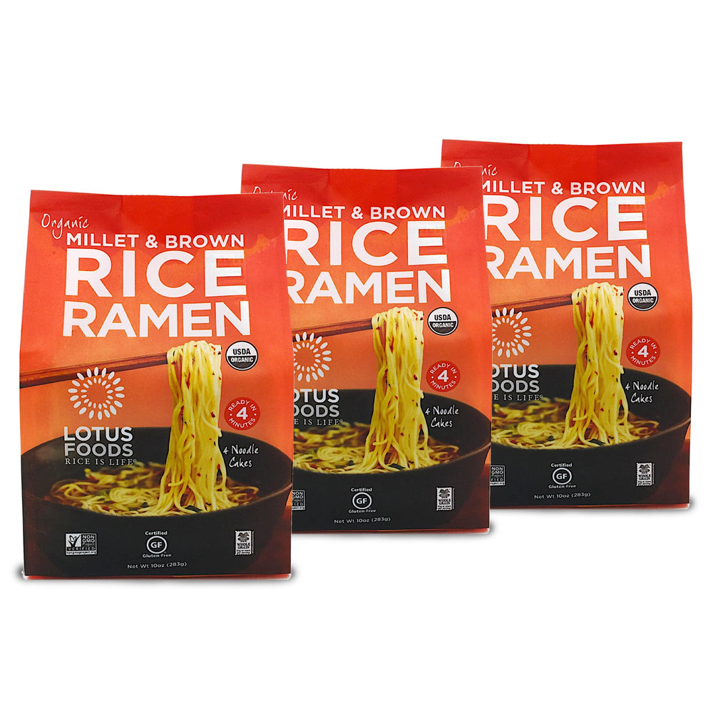 Lotus Foods millet-brown-rice ramen pack shown for quick wholesome meals.