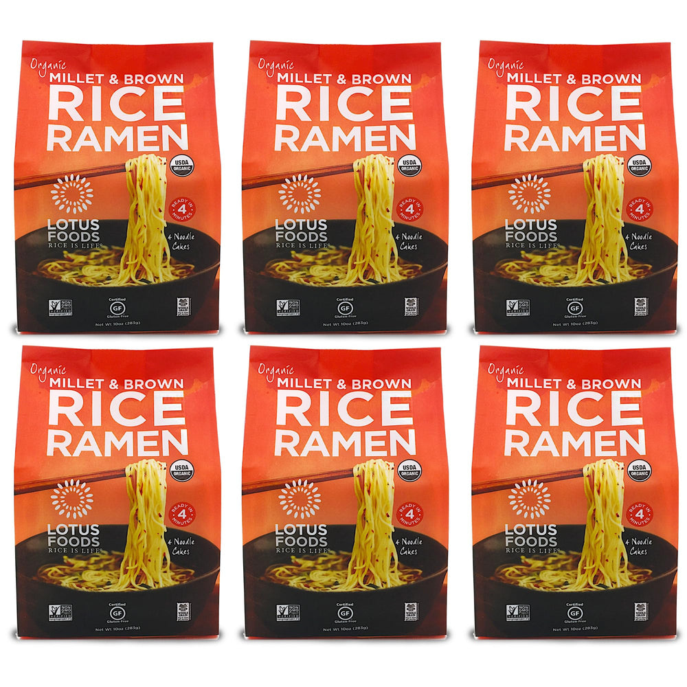 Lotus Foods Millet-Brown Rice Ramen uncooked pack, gluten-free and fiber-rich.