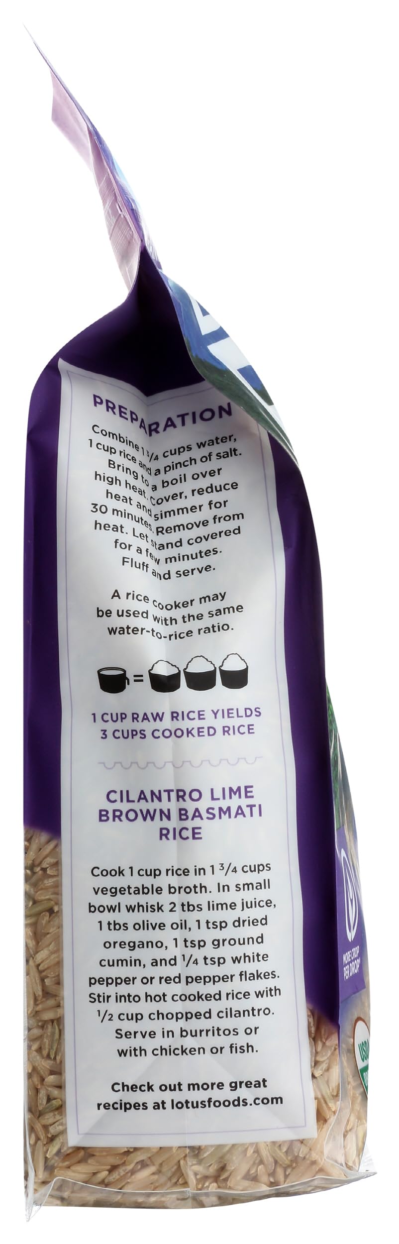 Close-up of Lotus Foods Organic Brown Basmati Rice grains showing long kernels