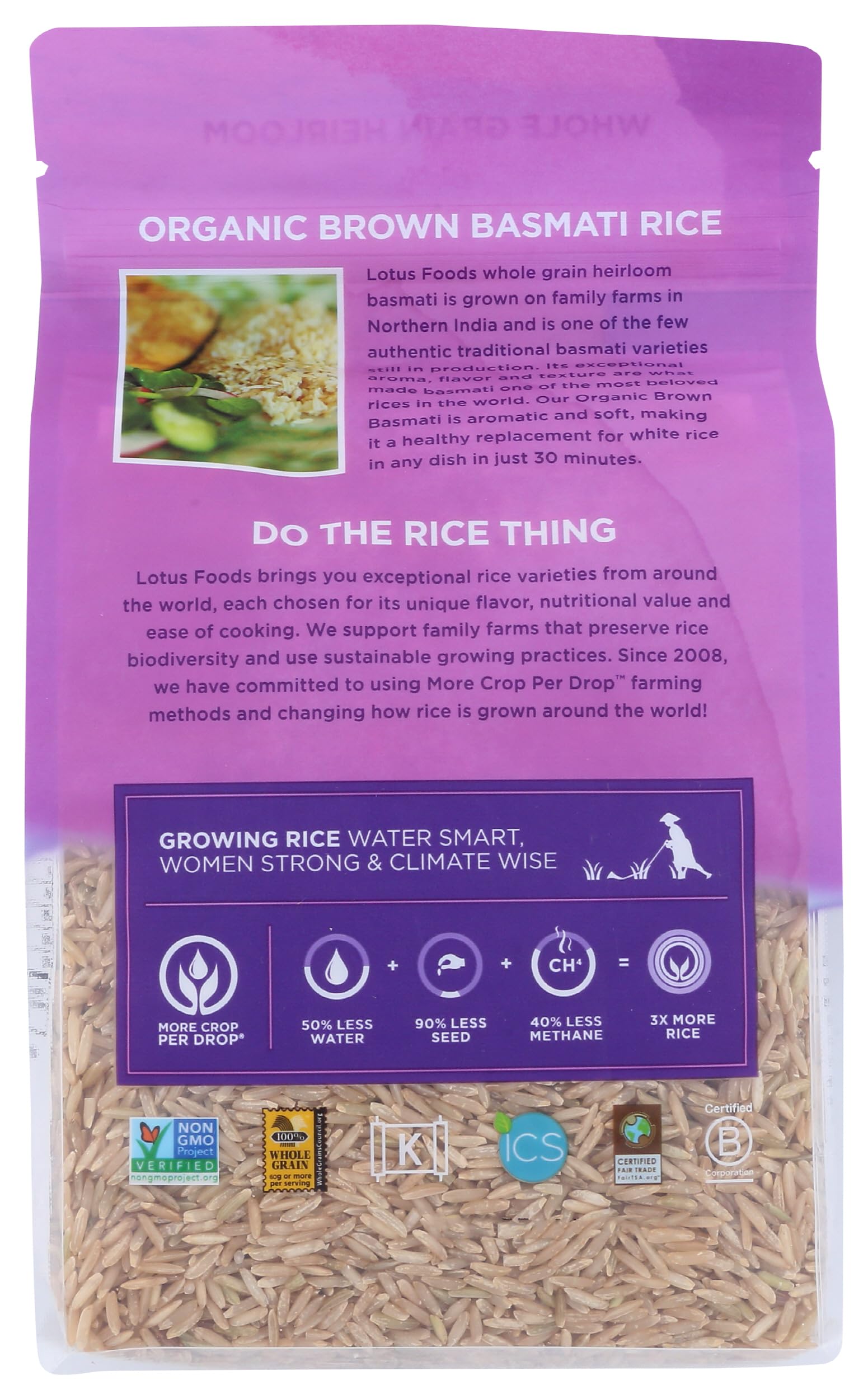 Lotus Foods Organic Brown Basmati Rice ready-to-serve pilaf in a bowl