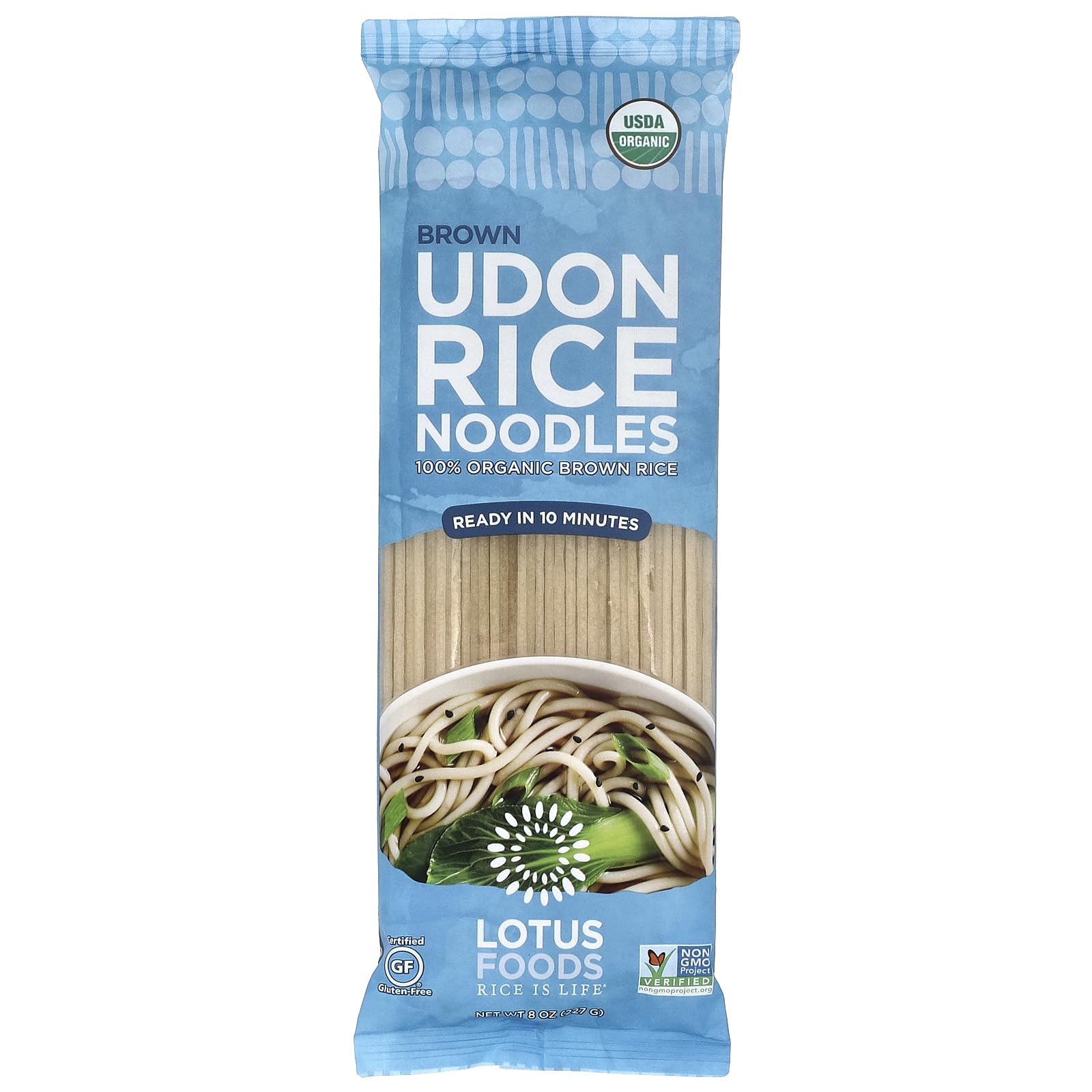 Lotus Foods Organic Brown Udon Noodles pack on a kitchen counter, ideal for quick weeknight meals.