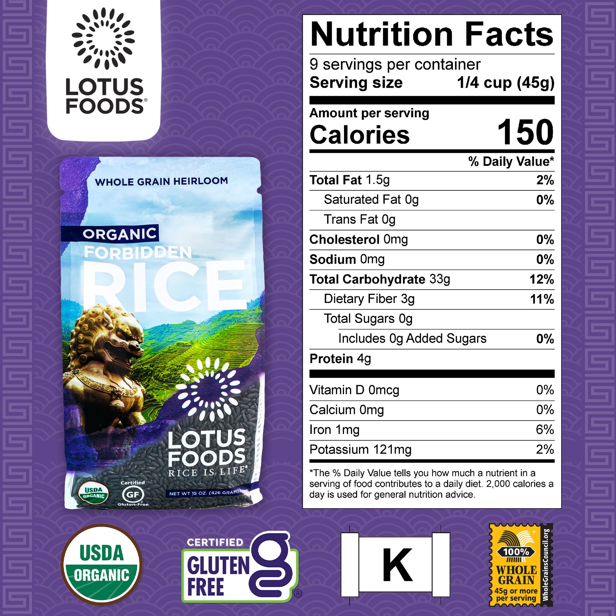 Lotus Foods Organic Forbidden Rice uncooked grains for versatile home cooking.