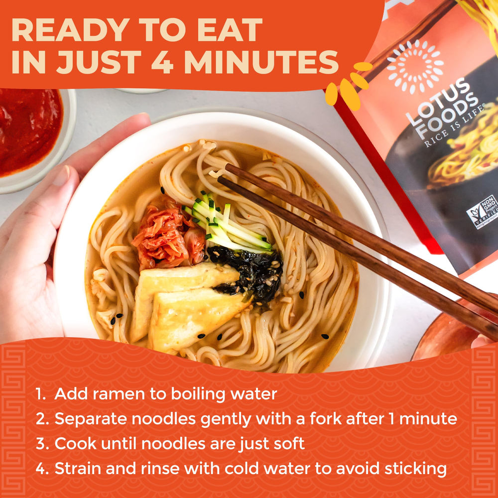 Lotus Foods Organic gluten-free ramen packaging highlights sustainable ingredients.