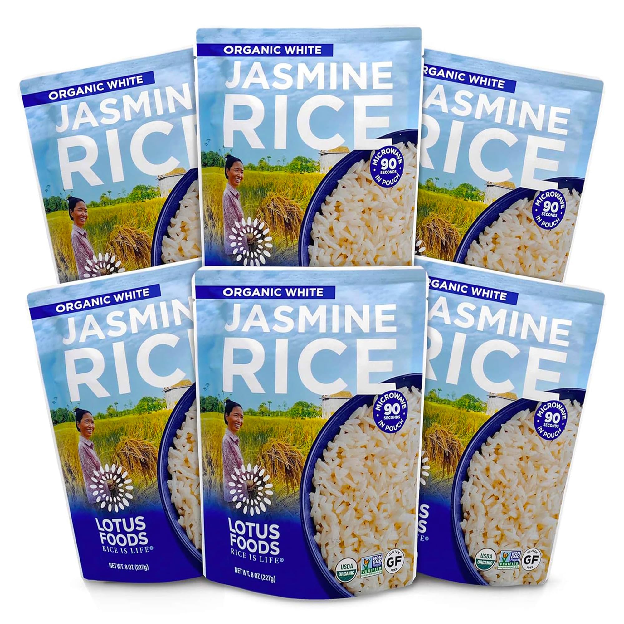 Lotus Foods Organic White Jasmine Rice pack front highlighting organic origin.