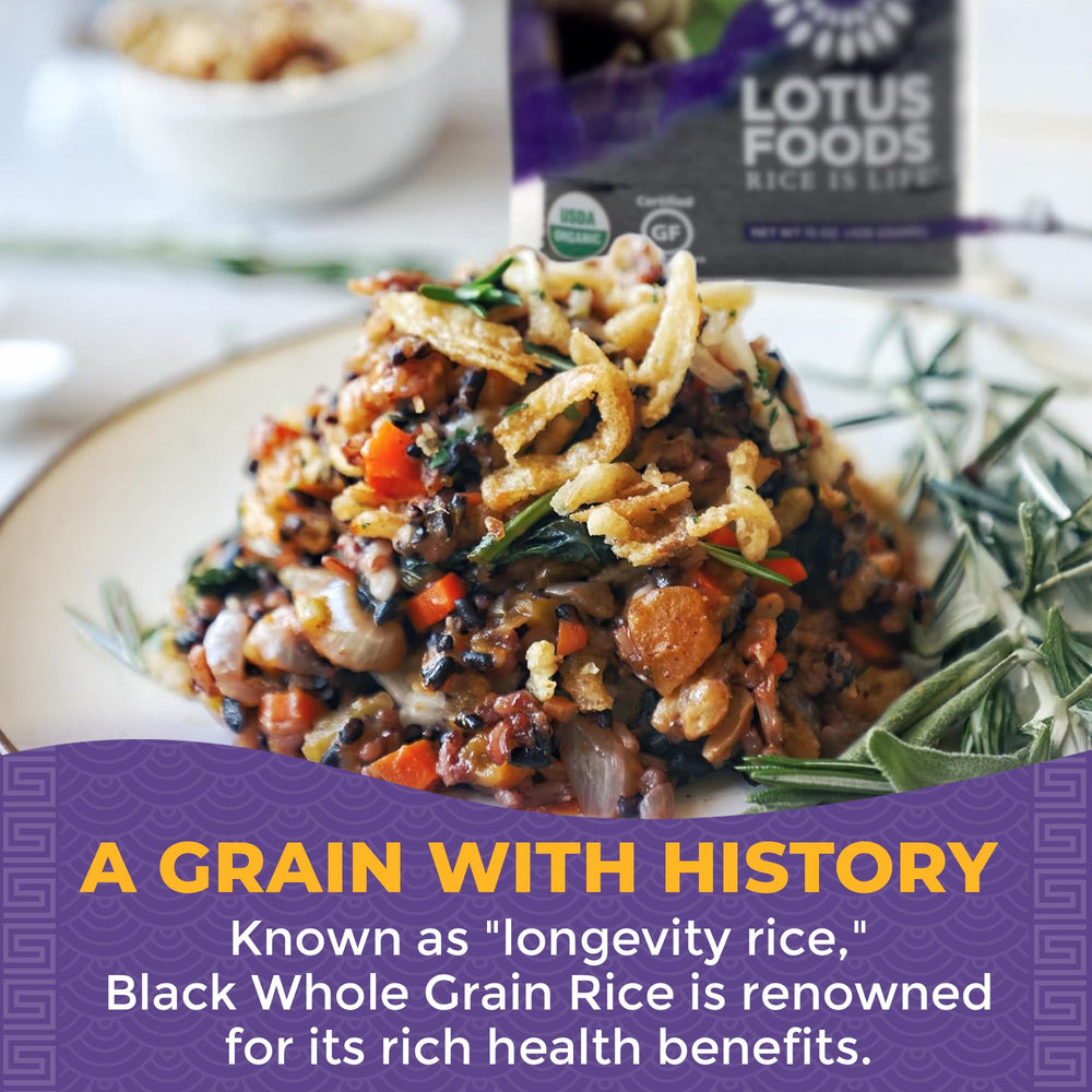 Lotus Foods Forbidden Rice served with greens suggests quick, nourishing weeknight meals.