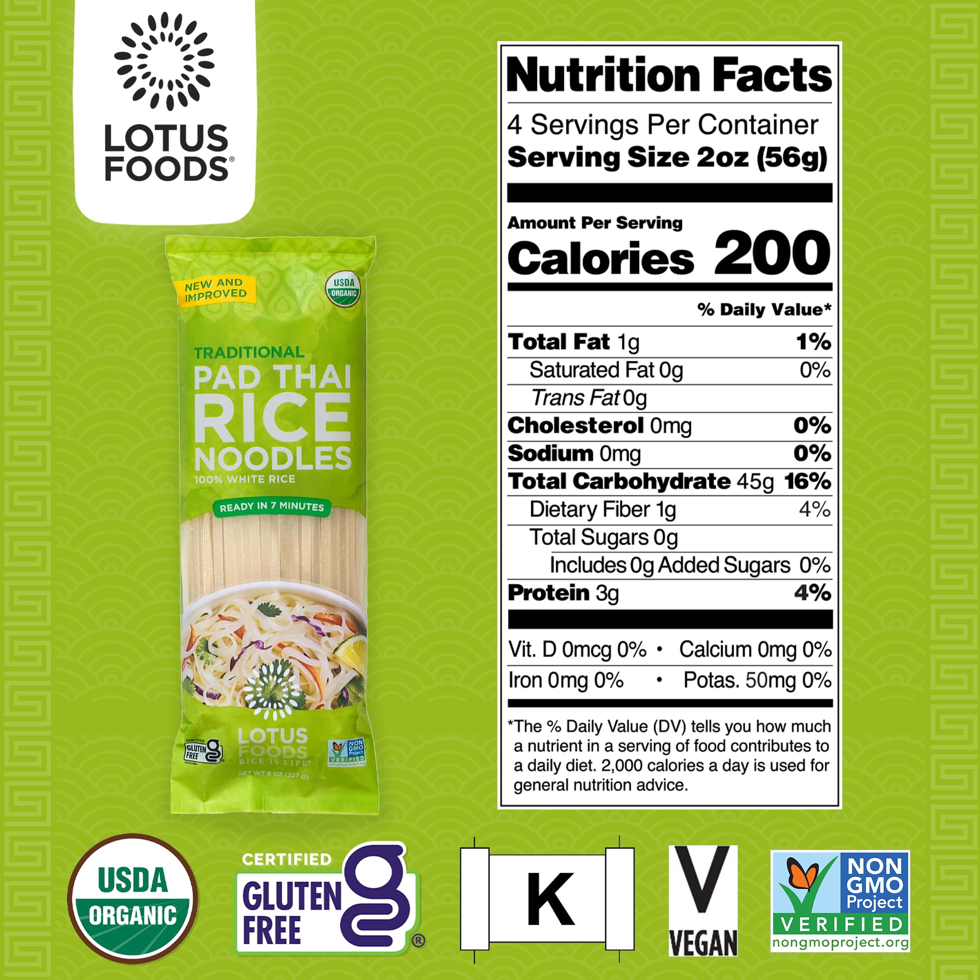 Lotus Foods Noodles ingredients close-up emphasizes heirloom rice quality.