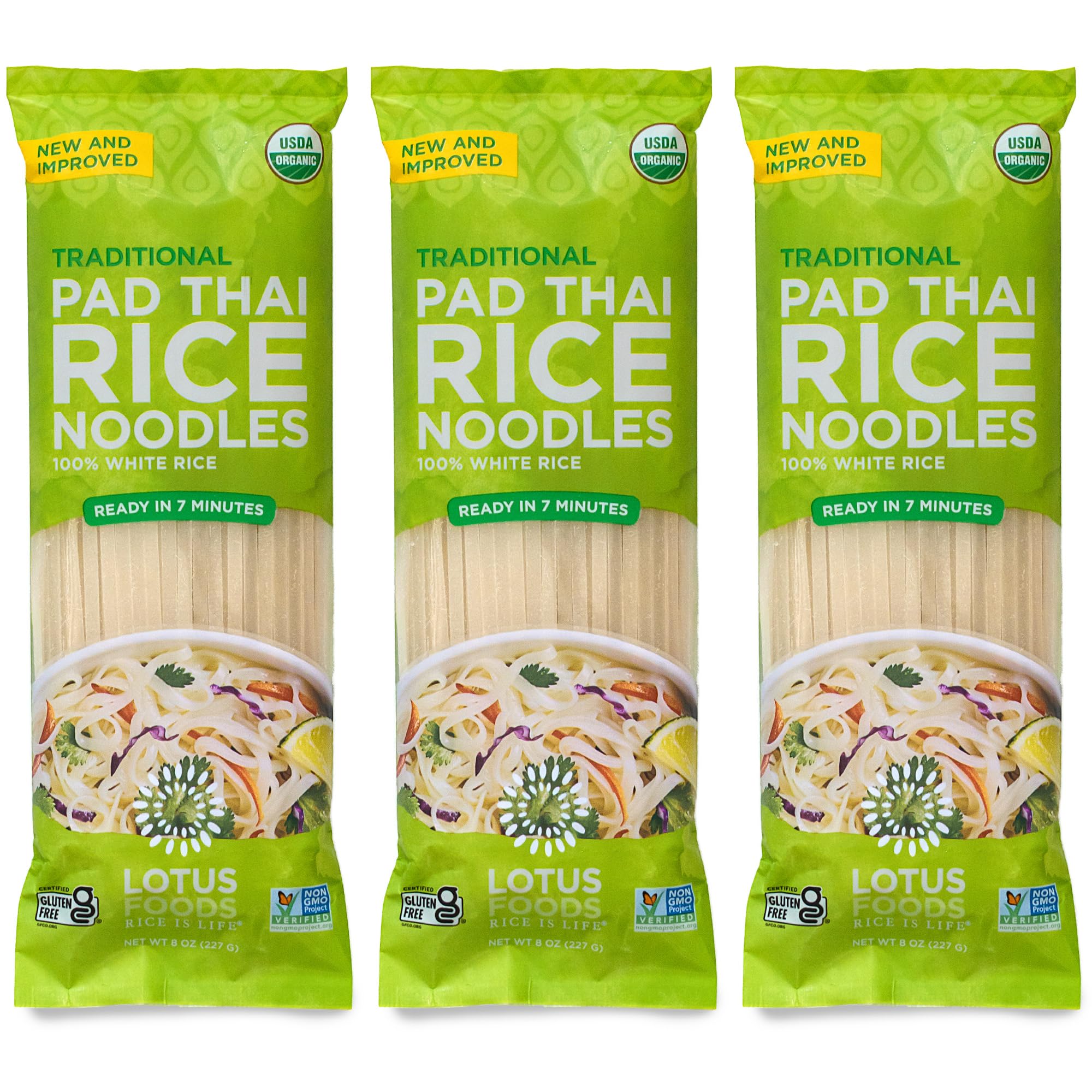 Lotus Foods Pad Thai Noodles pack shot highlights gluten-free, organic status.