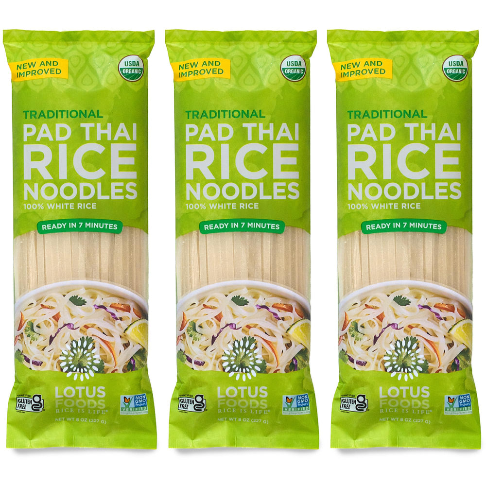 Lotus Foods Pad Thai Noodles pack shot highlights gluten-free, organic status.