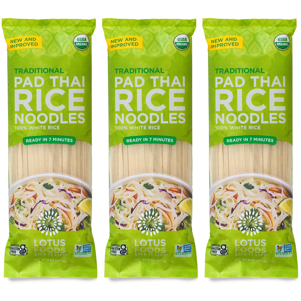 Lotus Foods Pad Thai Noodles pack shot highlights gluten-free, organic status.