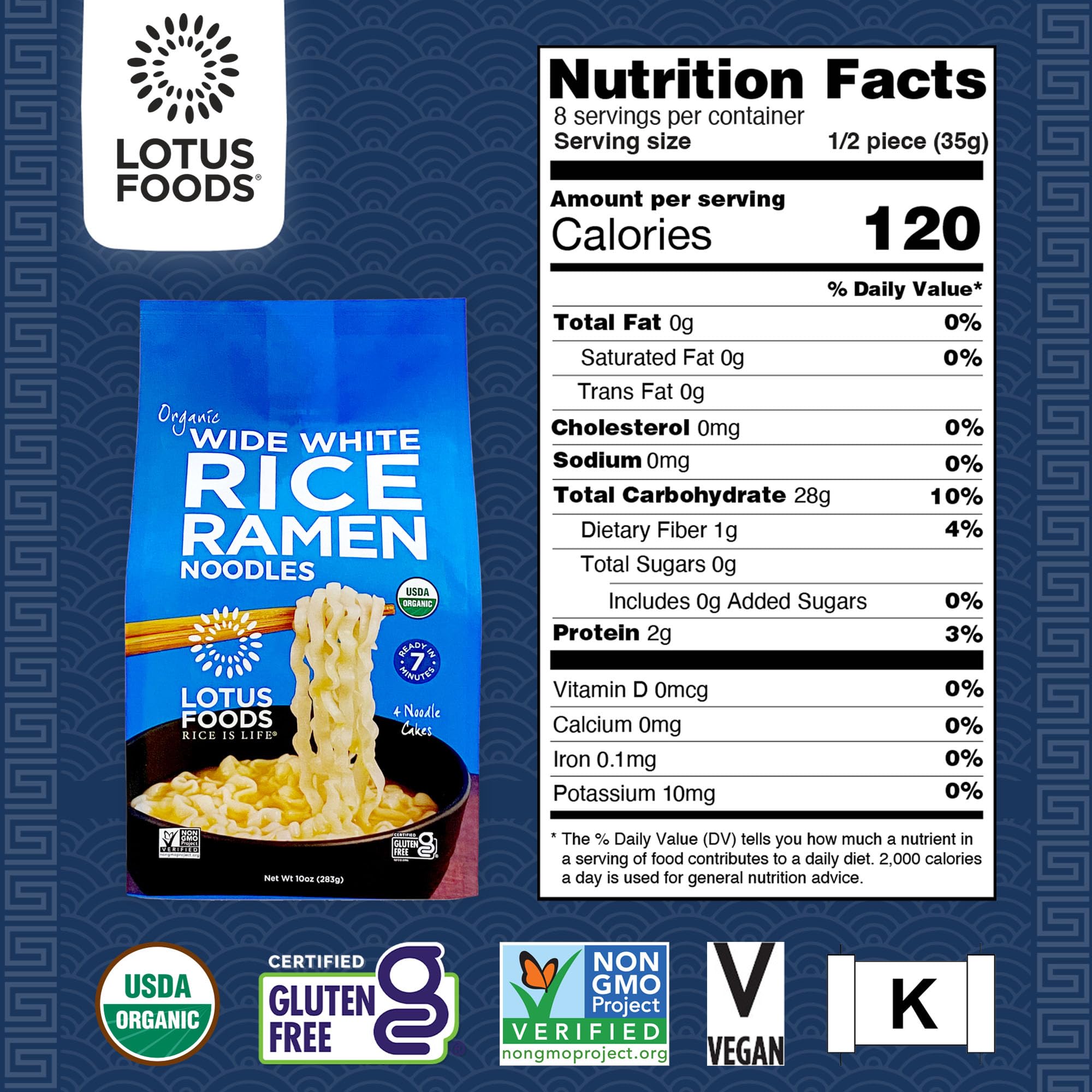 Close-up of Lotus Foods wide white rice ramen noodles