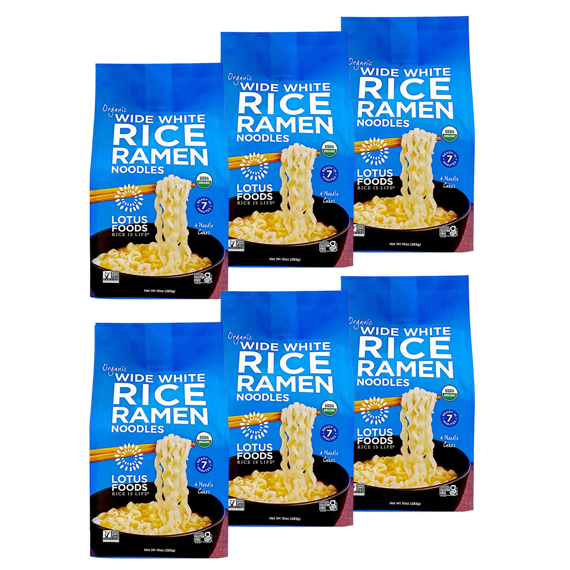 Lotus Foods Wide White Rice Ramen Noodles packaging highlights gluten free organic ingredients