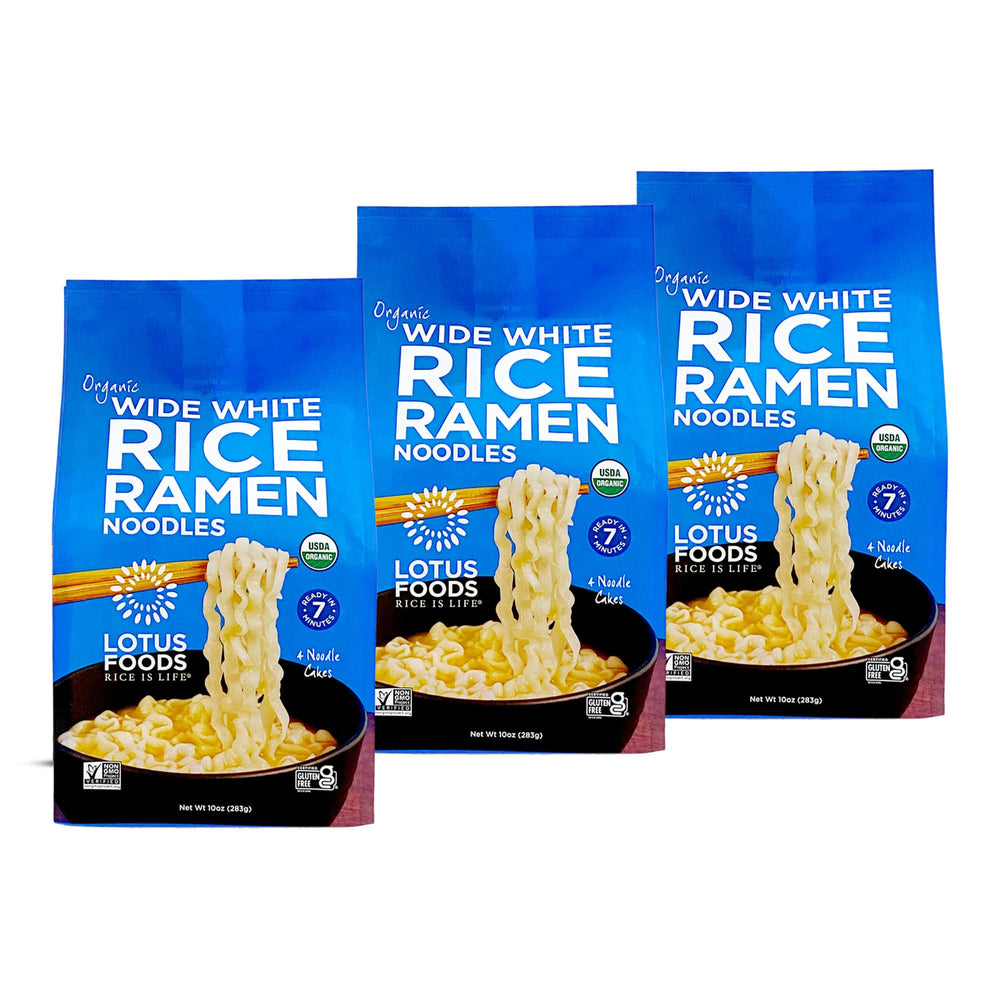 Lotus Foods Wide White Rice Ramen packaging with organic gluten-free noodles