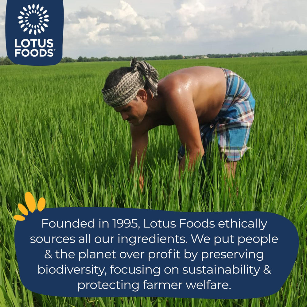 Sustainable sourcing badge on Lotus Foods packaging