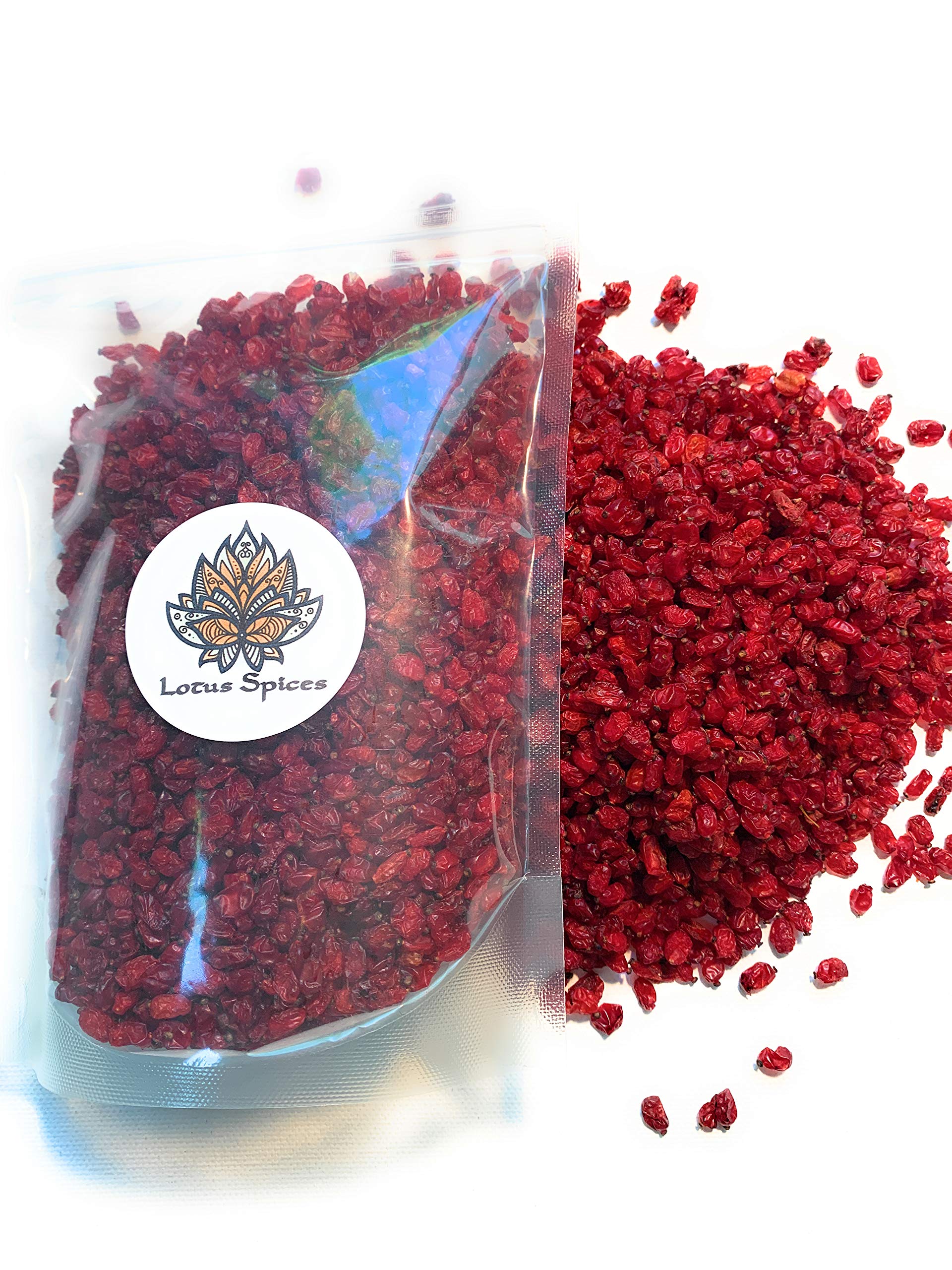 Lotus Spices Zereshk barberries packaging shows fresh, non-GMO berries ready for cooking