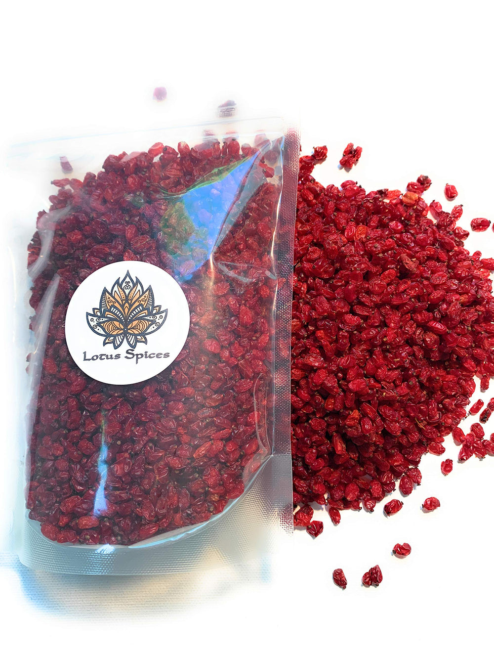 Lotus Spices Zereshk barberries packaging shows fresh, non-GMO berries ready for cooking