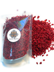 Lotus Spices Zereshk barberries packaging shows fresh, non-GMO berries ready for cooking