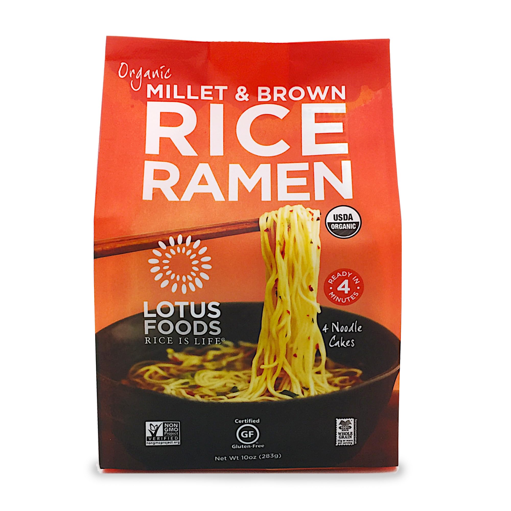 Lotus Foods millet and brown rice ramen pack shown, gluten-free convenience for weeknights.